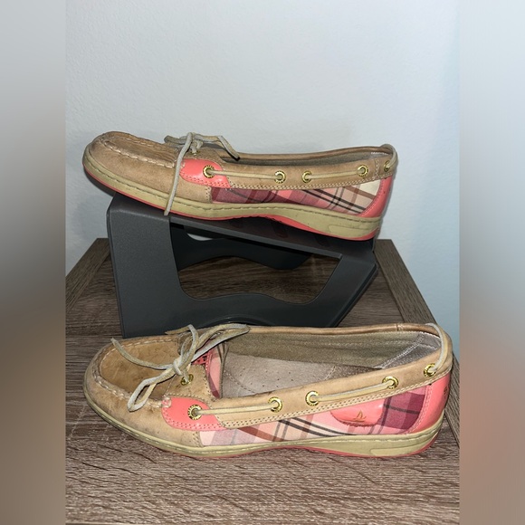 Sperry Topsider Hardback Tan Leather Pink/Plaid Preppy Boat Shoes Women's 9.5M - Picture 2 of 16